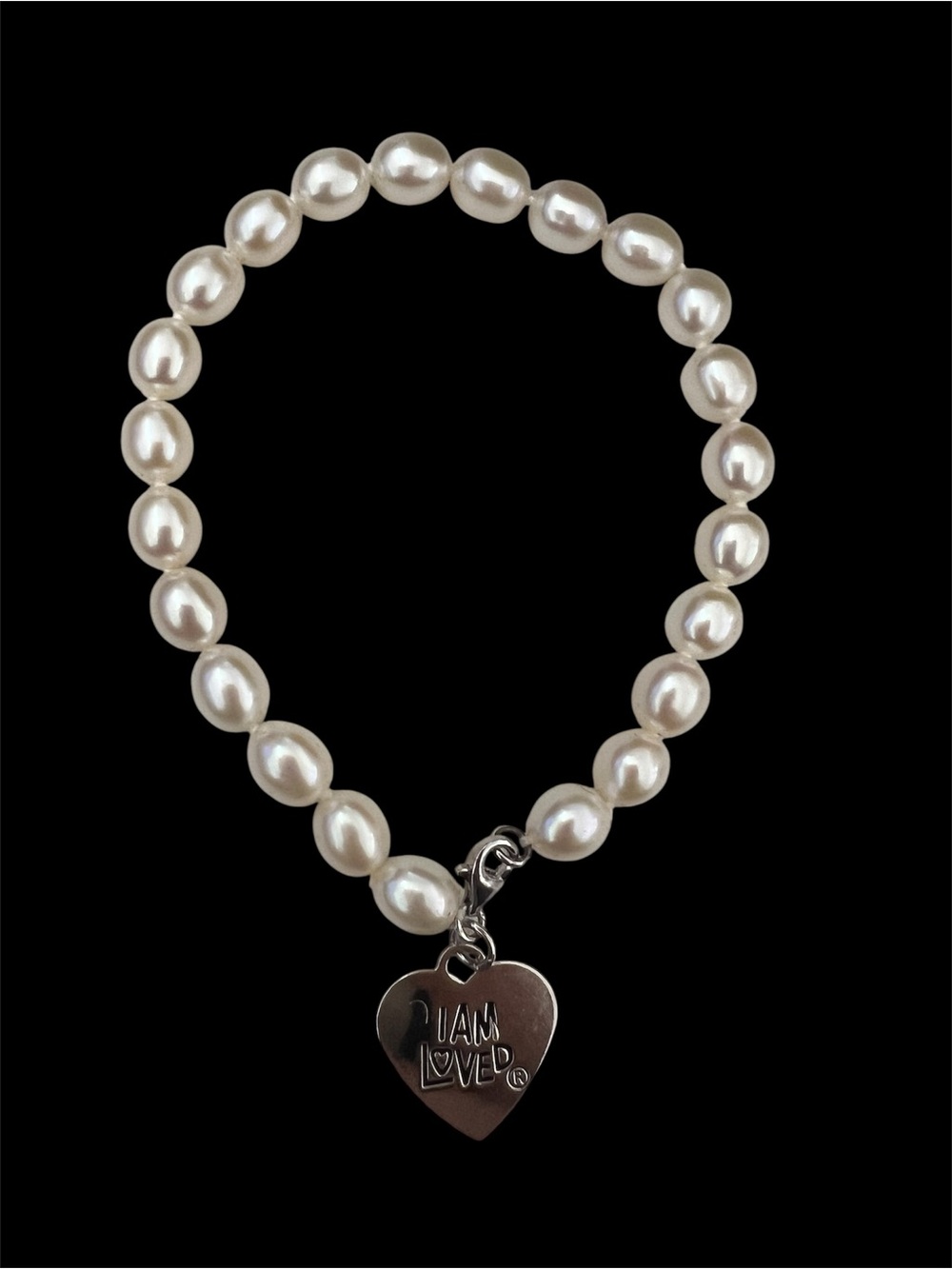 I AM LOVED Sterling silver freshwater White Pearl Bead Bracelet with Heart Charm